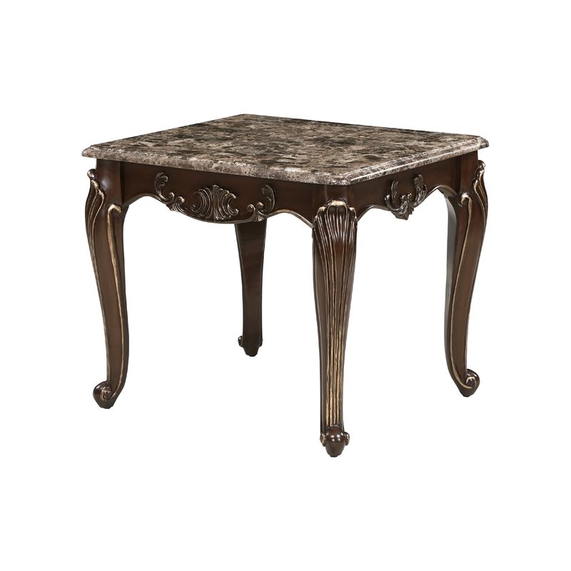 Hesar Side End Table- 28 Inch Marble- Cherry Brown Wood Cabriole Legs