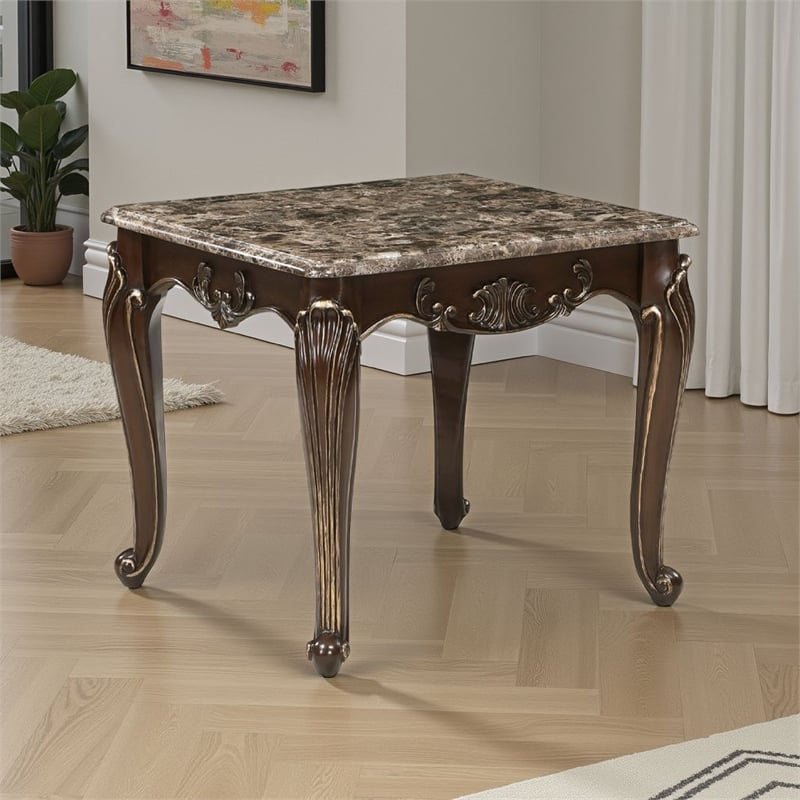 Hesar Side End Table- 28 Inch Marble- Cherry Brown Wood Cabriole Legs