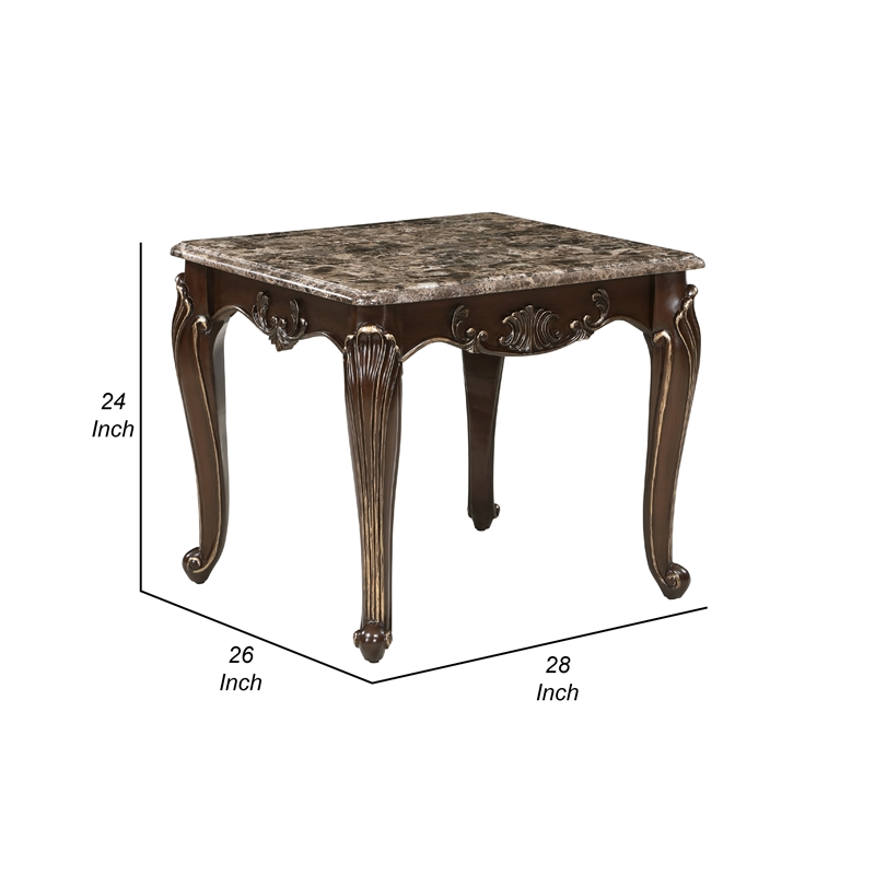 Hesar Side End Table- 28 Inch Marble- Cherry Brown Wood Cabriole Legs