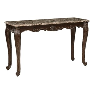 Hesar Sofa Console Table- 53 Inch Marble- Cherry Brown Wood- Cabriole
