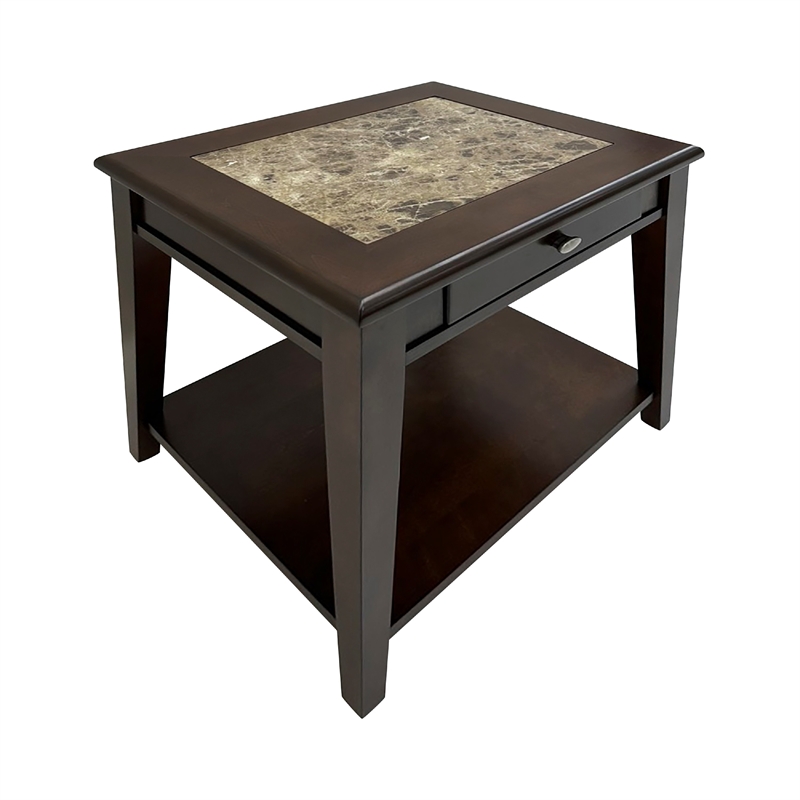 Side End Table- Drawer and Shelf- Classic Cherry Brown Finish- 26 Inch