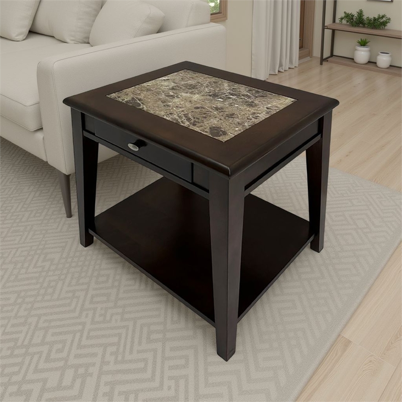 Side End Table- Drawer and Shelf- Classic Cherry Brown Finish- 26 Inch