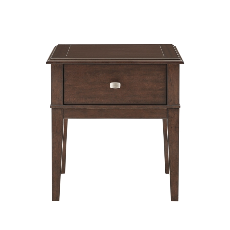 Merry End Table with USB Ports and Drawer- Brown Birch Wood 26 Inch