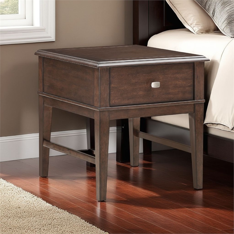Merry End Table with USB Ports and Drawer- Brown Birch Wood 26 Inch