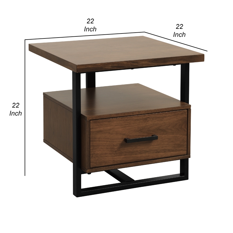 Voz Side End Table- Drawer and Open Shelf- Walnut Brown- Black 22 Inch