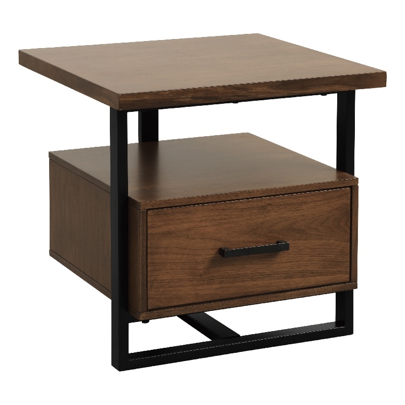 Voz Side End Table- Drawer and Open Shelf- Walnut Brown- Black 22 Inch