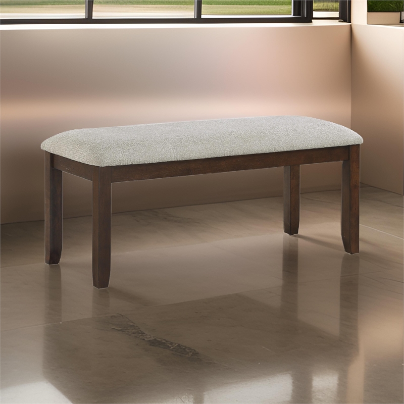 Humpty 43 Inch Bench- Gray Polyester Upholstery- Cherry Brown Solid Wood