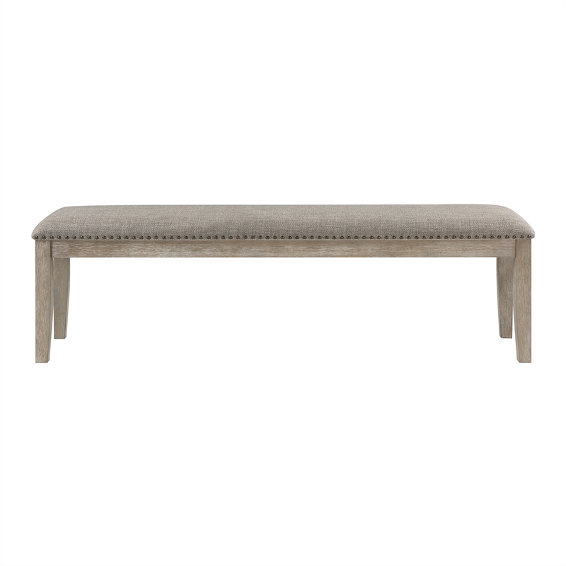 Ruth 64 Inch Bench- Nailhead Trim- Polyester Upholstery- Gray Solid Wood