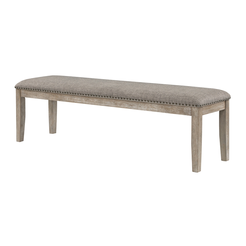 Ruth 64 Inch Bench- Nailhead Trim- Polyester Upholstery- Gray Solid Wood