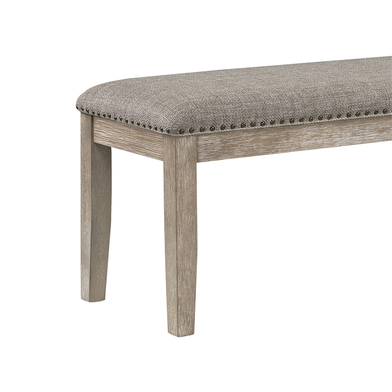 Ruth 64 Inch Bench- Nailhead Trim- Polyester Upholstery- Gray Solid Wood