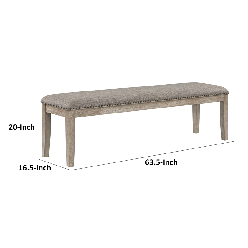 Ruth 64 Inch Bench- Nailhead Trim- Polyester Upholstery- Gray Solid Wood