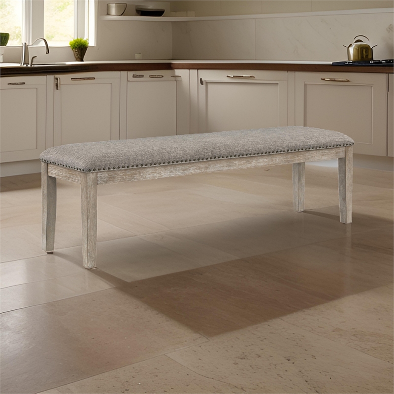 Ruth 64 Inch Bench- Nailhead Trim- Polyester Upholstery- Gray Solid Wood