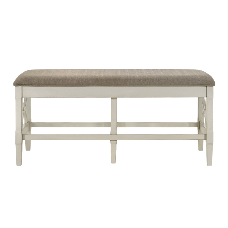 Marie 55 Inch Counter Height Bench- Khaki Fabric Upholstered- Beige Wood