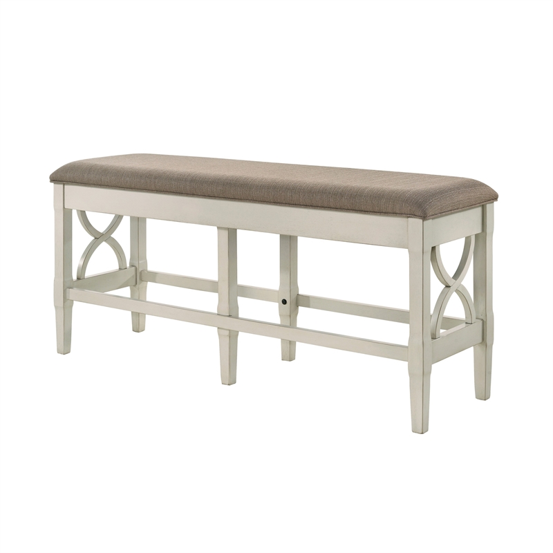 Marie 55 Inch Counter Height Bench- Khaki Fabric Upholstered- Beige Wood
