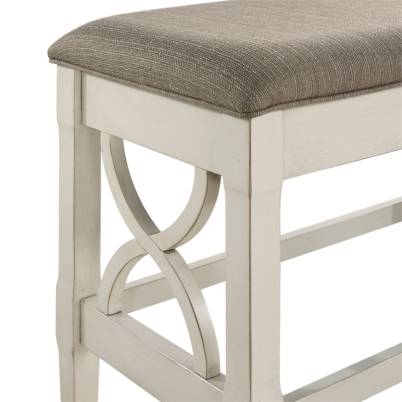 Marie 55 Inch Counter Height Bench- Khaki Fabric Upholstered- Beige Wood