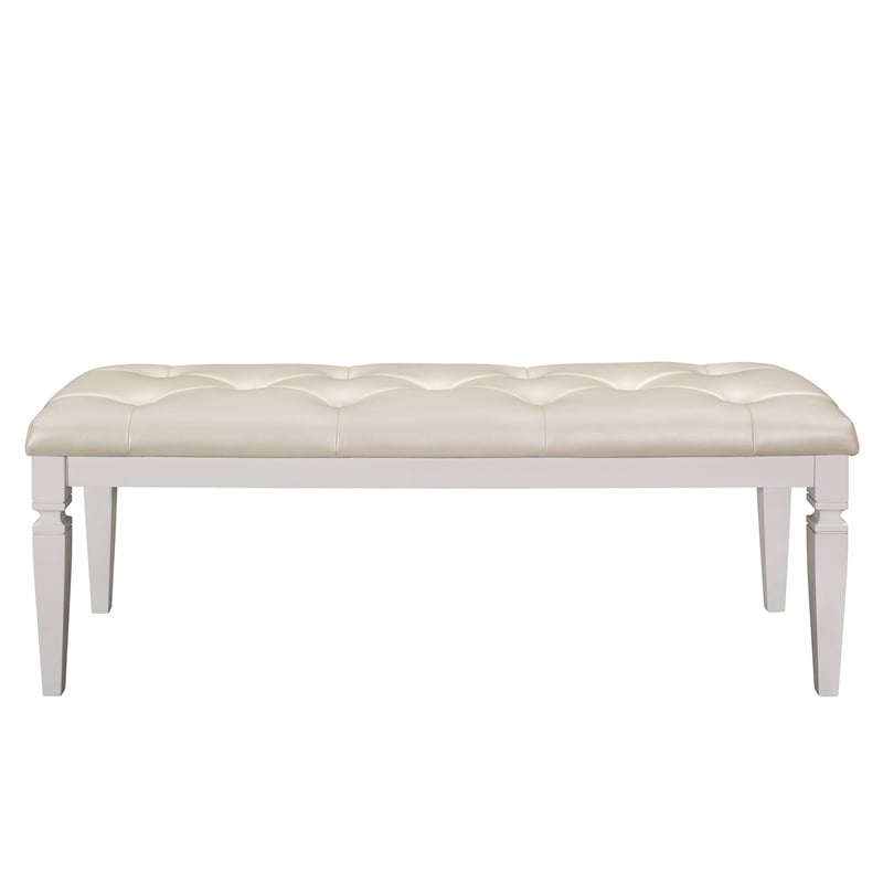 Lura 54 Inch Accent Bench- Button Tufted Foam Faux Leather- White Wood