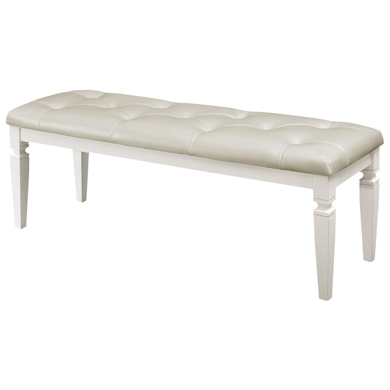 Lura 54 Inch Accent Bench- Button Tufted Foam Faux Leather- White Wood