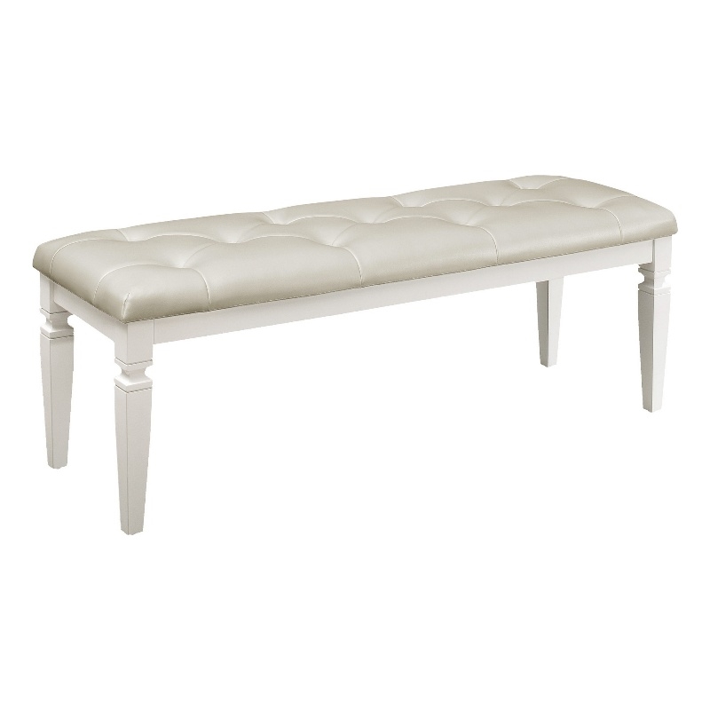 Lura 54 Inch Accent Bench- Button Tufted Foam Faux Leather- White Wood