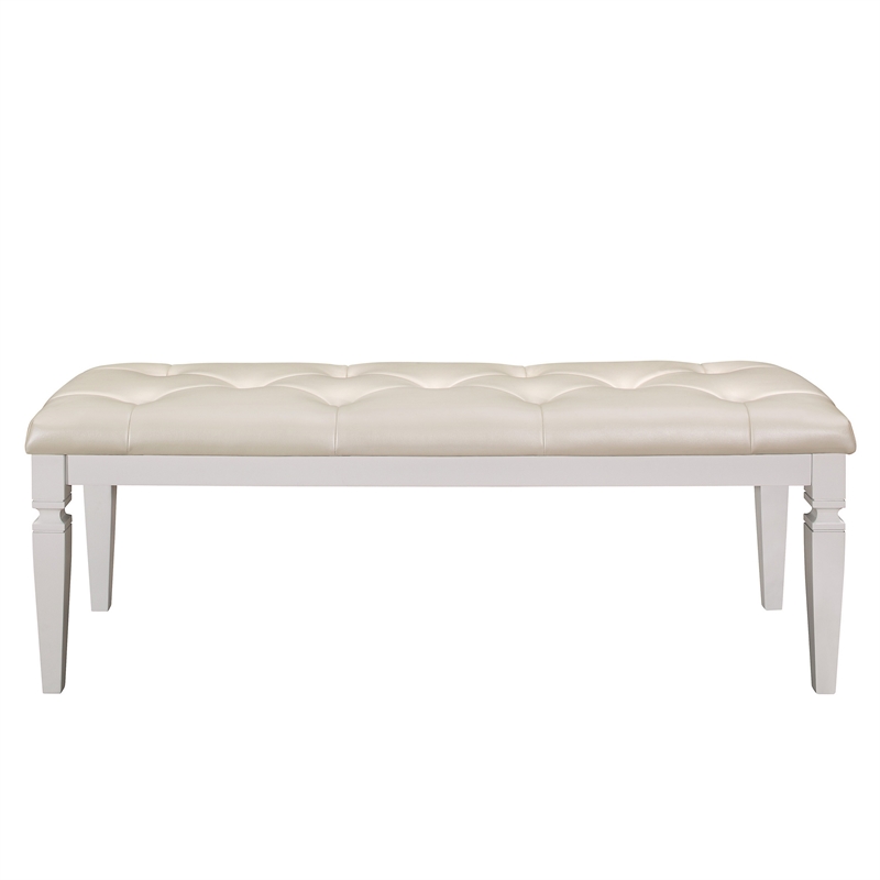 Lura 54 Inch Accent Bench- Button Tufted Foam Faux Leather- White Wood