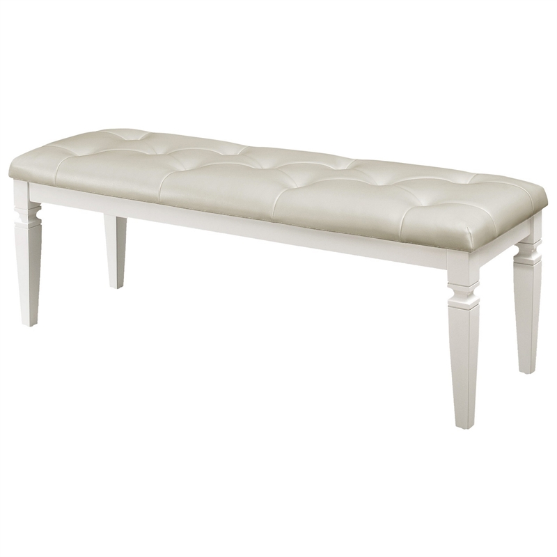 Lura 54 Inch Accent Bench- Button Tufted Foam Faux Leather- White Wood