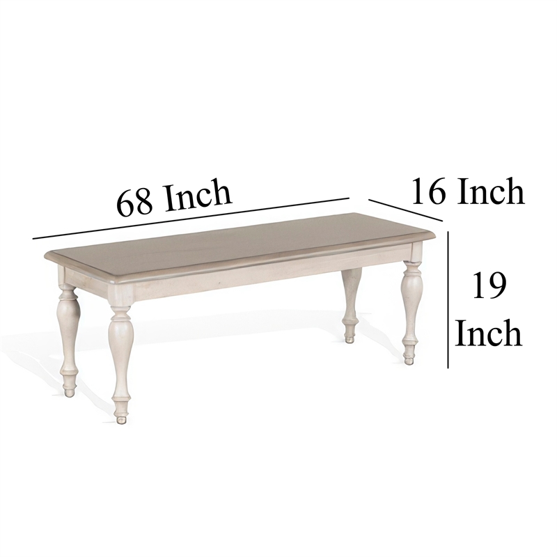 Sain Dining Bench- Taupe- White Mahogany Wood- Turned Legs- 68 Inch