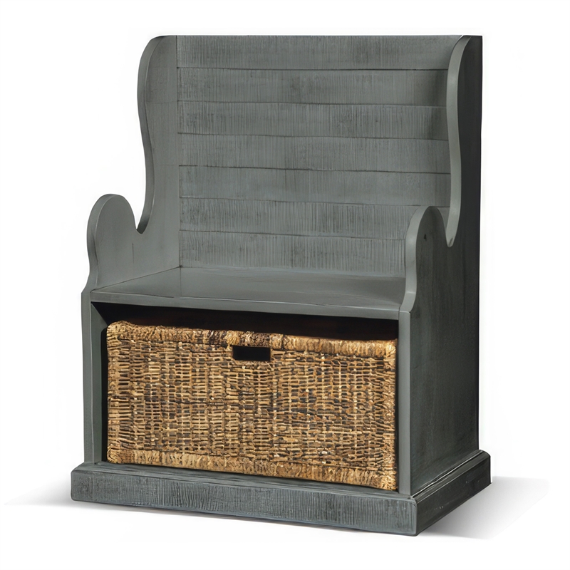 Eulie Hall Foyer Bench Seat w Rattan Basket- Rustic Blue Mahogany Wood