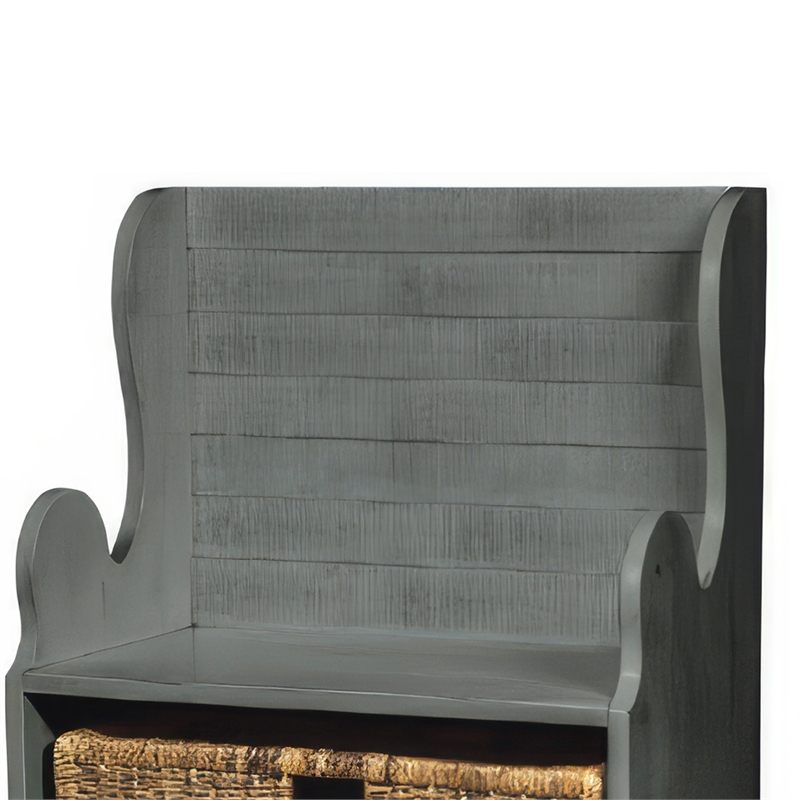 Eulie Hall Foyer Bench Seat w Rattan Basket- Rustic Blue Mahogany Wood