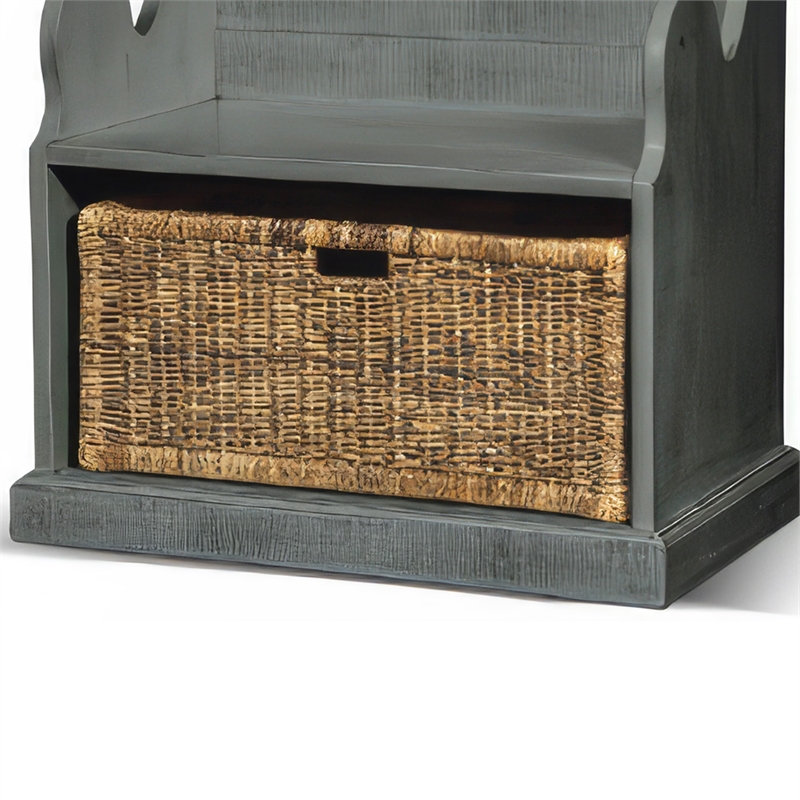 Eulie Hall Foyer Bench Seat w Rattan Basket- Rustic Blue Mahogany Wood