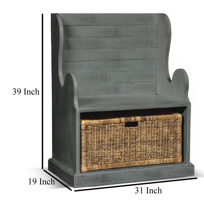 Eulie Hall Foyer Bench Seat w Rattan Basket- Rustic Blue Mahogany Wood