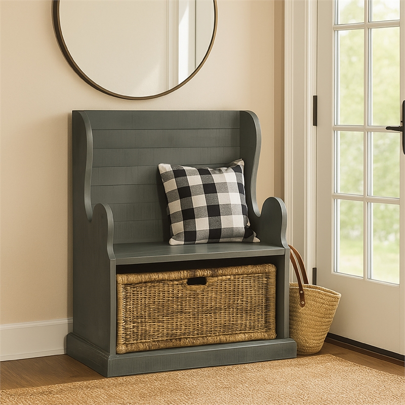 Eulie Hall Foyer Bench Seat w Rattan Basket- Rustic Blue Mahogany Wood