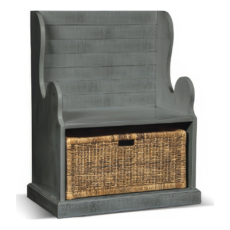 Eulie Hall Foyer Bench Seat w Rattan Basket- Rustic Blue Mahogany Wood