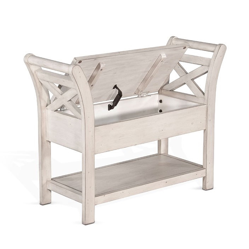 Sime 36 Inch Accent Bench- X-Panel and Storage- Ivory White Mahogany