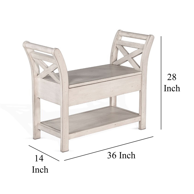 Sime 36 Inch Accent Bench- X-Panel and Storage- Ivory White Mahogany
