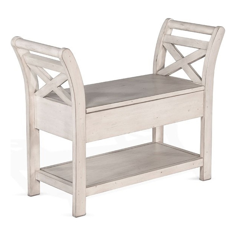 Sime 36 Inch Accent Bench- X-Panel and Storage- Ivory White Mahogany