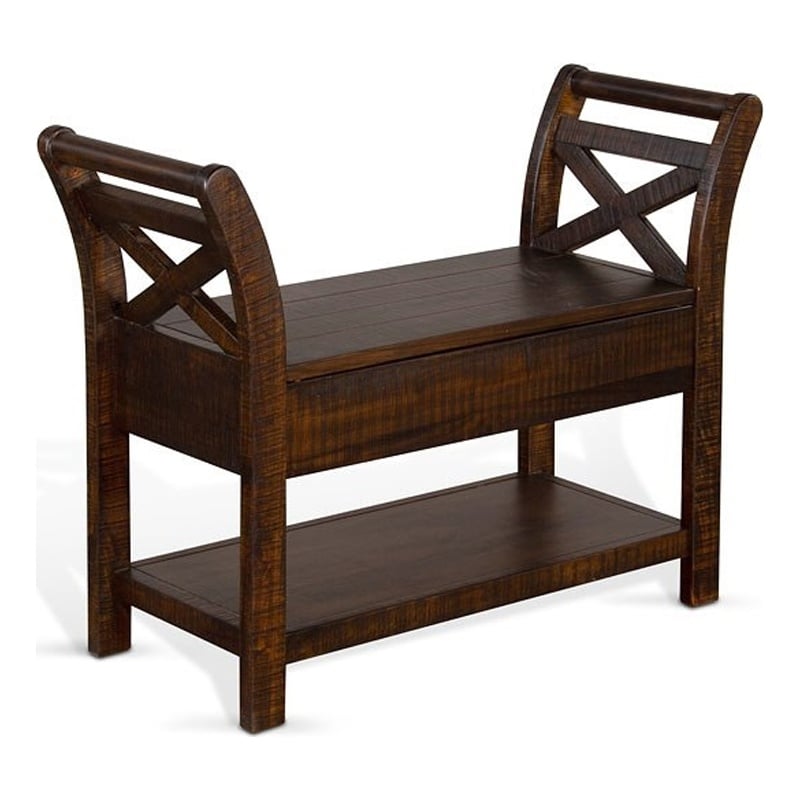 Flint 36 Inch Accent Bench with X-Panel- Storage- Dark Brown Mahogany
