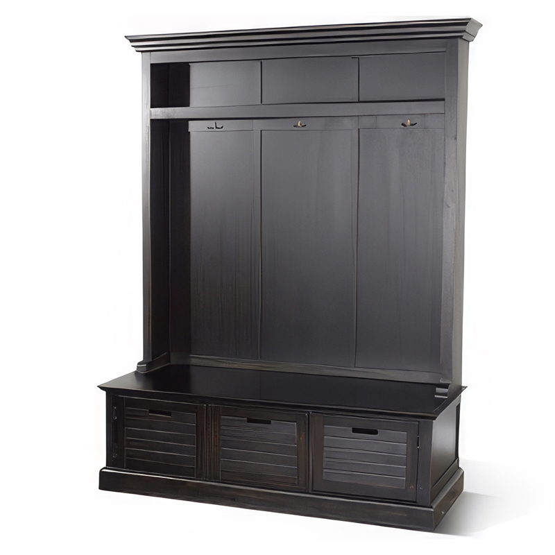 Kota Foyer Coat Rack Entry Hall Tree w Storage Bench- Black 85 Inch