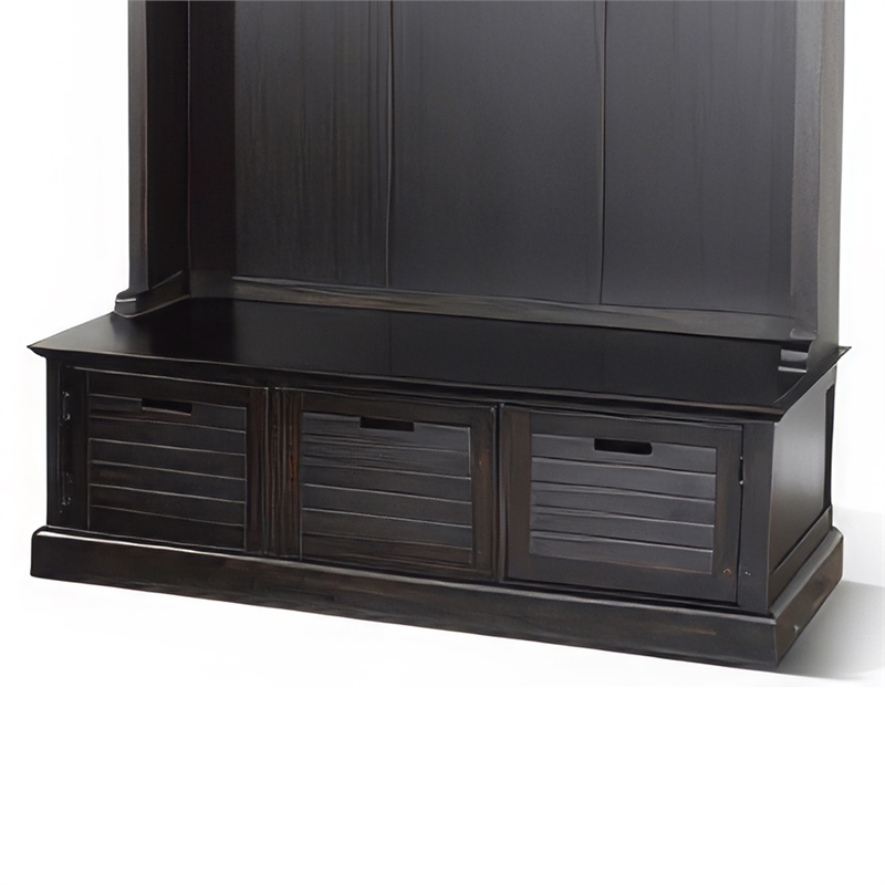 Kota Foyer Coat Rack Entry Hall Tree w Storage Bench- Black 85 Inch