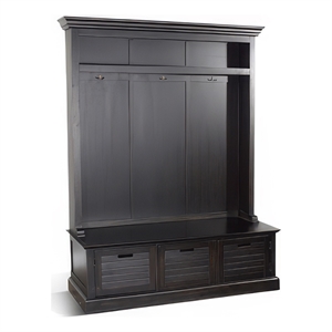 Kota Foyer Coat Rack Entry Hall Tree w Storage Bench- Black 85 Inch