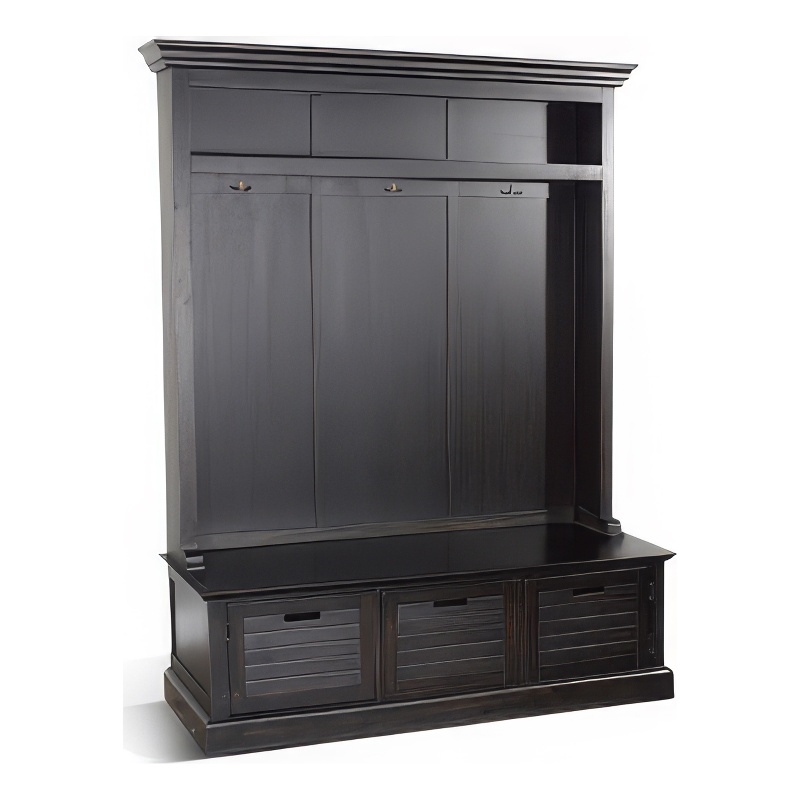 Kota Foyer Coat Rack Entry Hall Tree w Storage Bench- Black 85 Inch