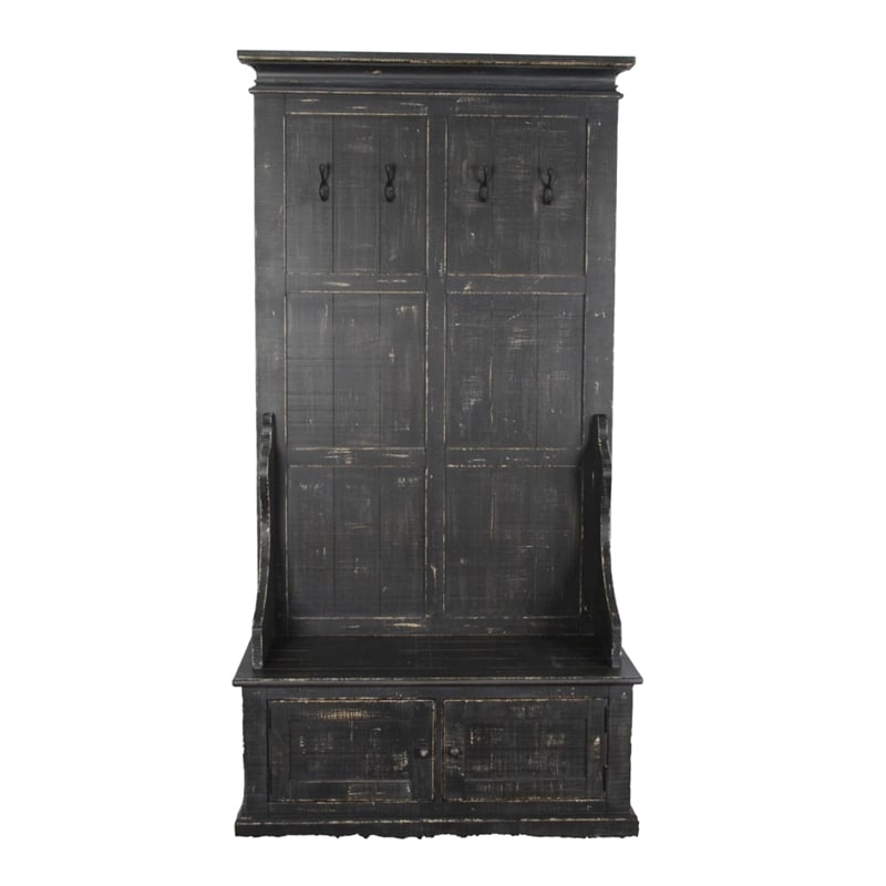 Mary Accent Hall Tree Coat Rack with Bench- 4 Hooks- Farmhouse Black