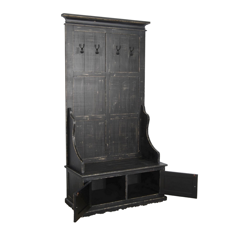 Mary Accent Hall Tree Coat Rack with Bench- 4 Hooks- Farmhouse Black