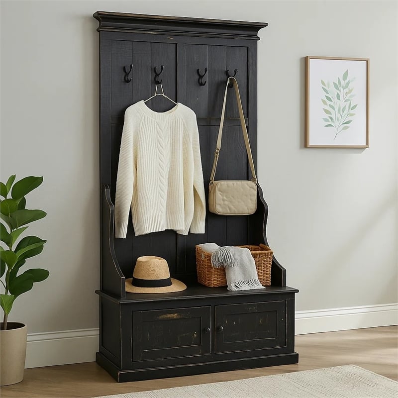 Mary Accent Hall Tree Coat Rack with Bench- 4 Hooks- Farmhouse Black
