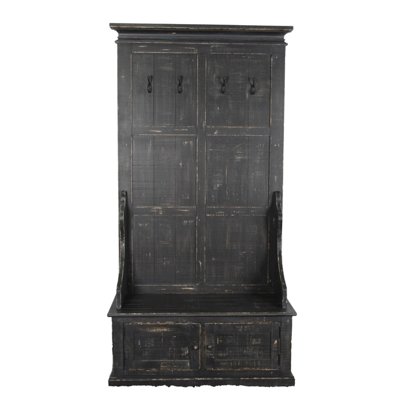 Mary Accent Hall Tree Coat Rack with Bench- 4 Hooks- Farmhouse Black