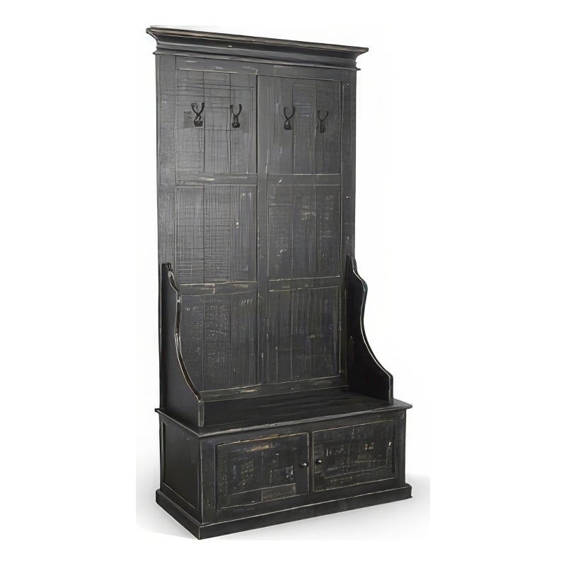 Mary Accent Hall Tree Coat Rack with Bench- 4 Hooks- Farmhouse Black