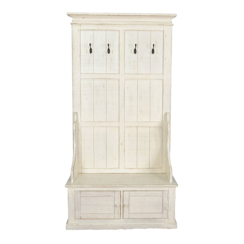 Mary Accent Hall Tree Coat Rack with Bench- 4 Hooks- Farmhouse White