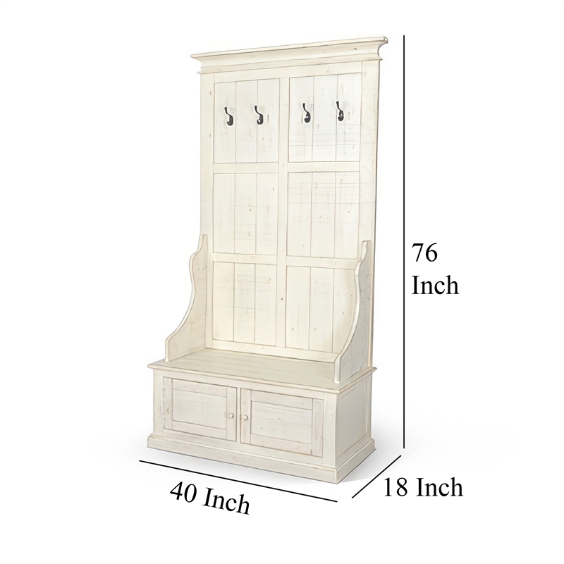 Mary Accent Hall Tree Coat Rack with Bench- 4 Hooks- Farmhouse White
