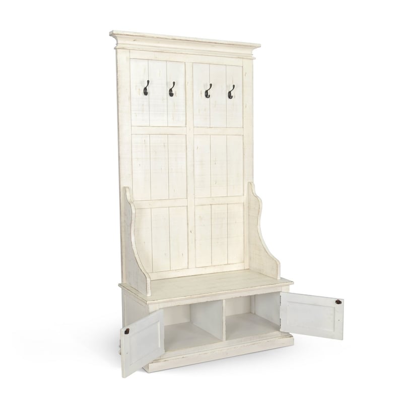 Mary Accent Hall Tree Coat Rack with Bench- 4 Hooks- Farmhouse White
