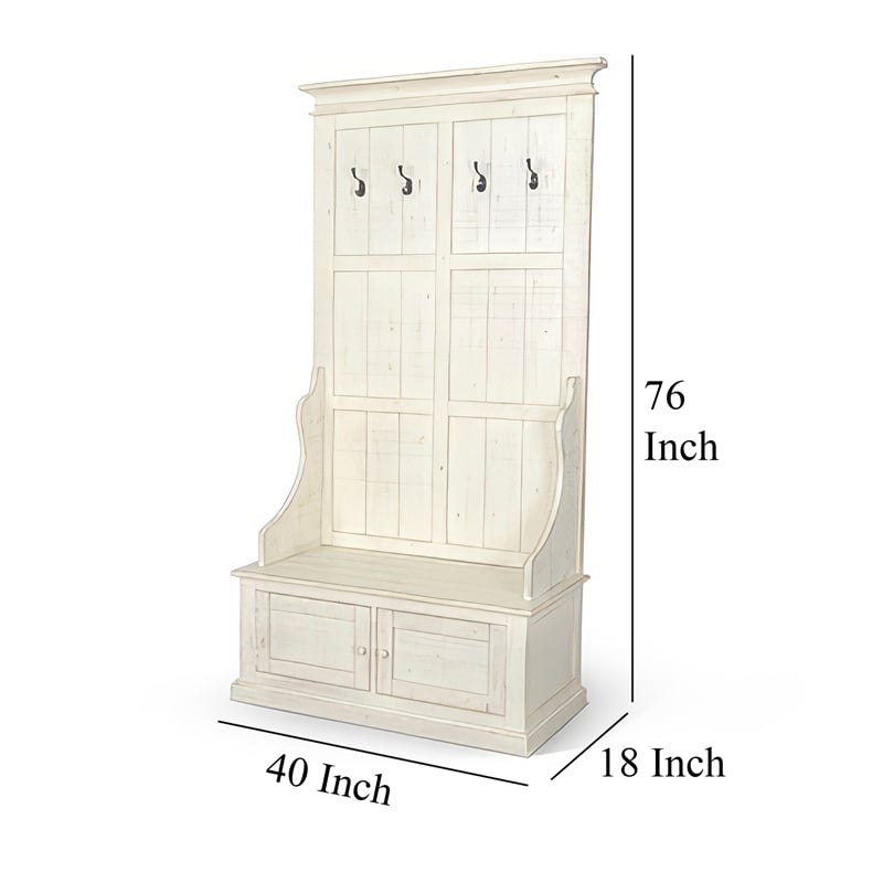 Mary Accent Hall Tree Coat Rack with Bench- 4 Hooks- Farmhouse White