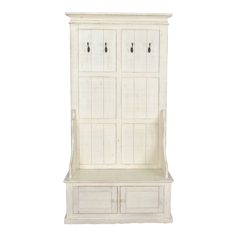 Mary Accent Hall Tree Coat Rack with Bench- 4 Hooks- Farmhouse White