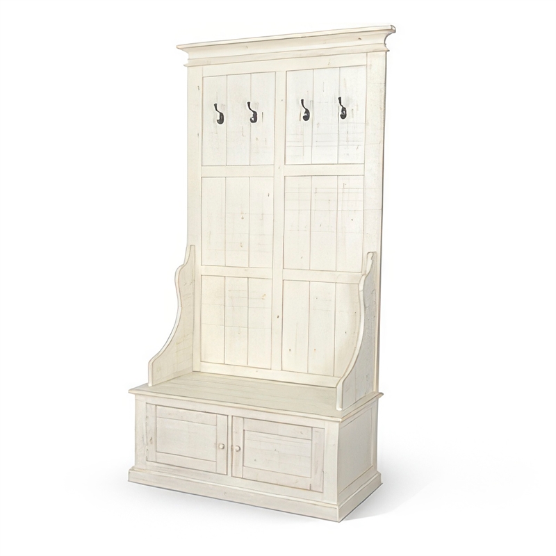 Mary Accent Hall Tree Coat Rack with Bench- 4 Hooks- Farmhouse White